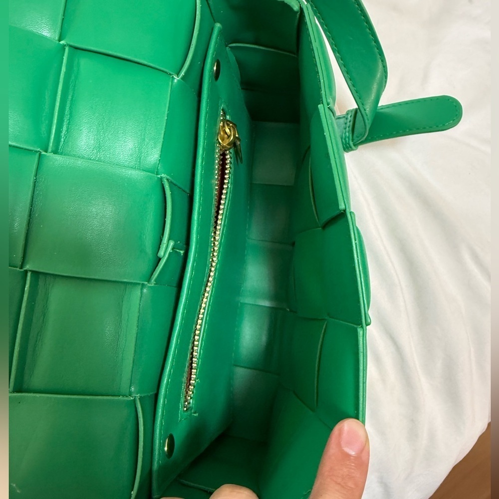 Green Woven Leather Shoulder Bag with Gold Accents - Picture 10 of 11